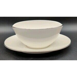 Noritake Bone China Fremont Gravy Boat Attached Underplate White Platinum Trim